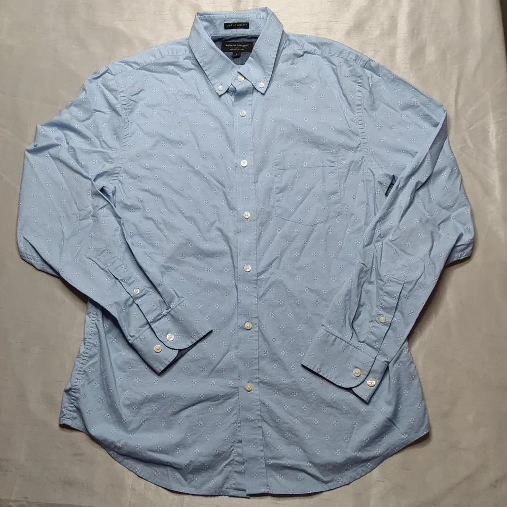 BANANA REPUBLIC UNTUCKED Fit Men Large Organic Cotton Blue Geo‎ Button Shirt